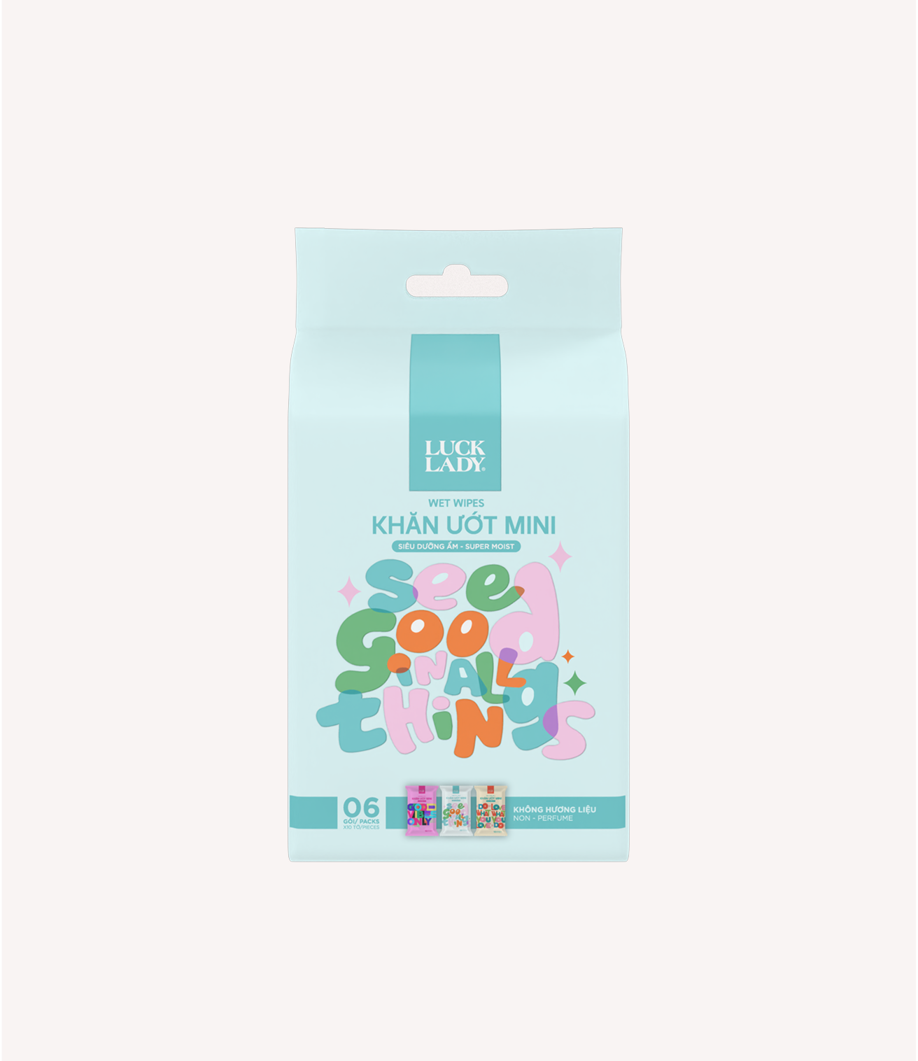 Lốc 6 gói khăn ướt mini Luck Lady 10 tờ/gói, không hương liệu