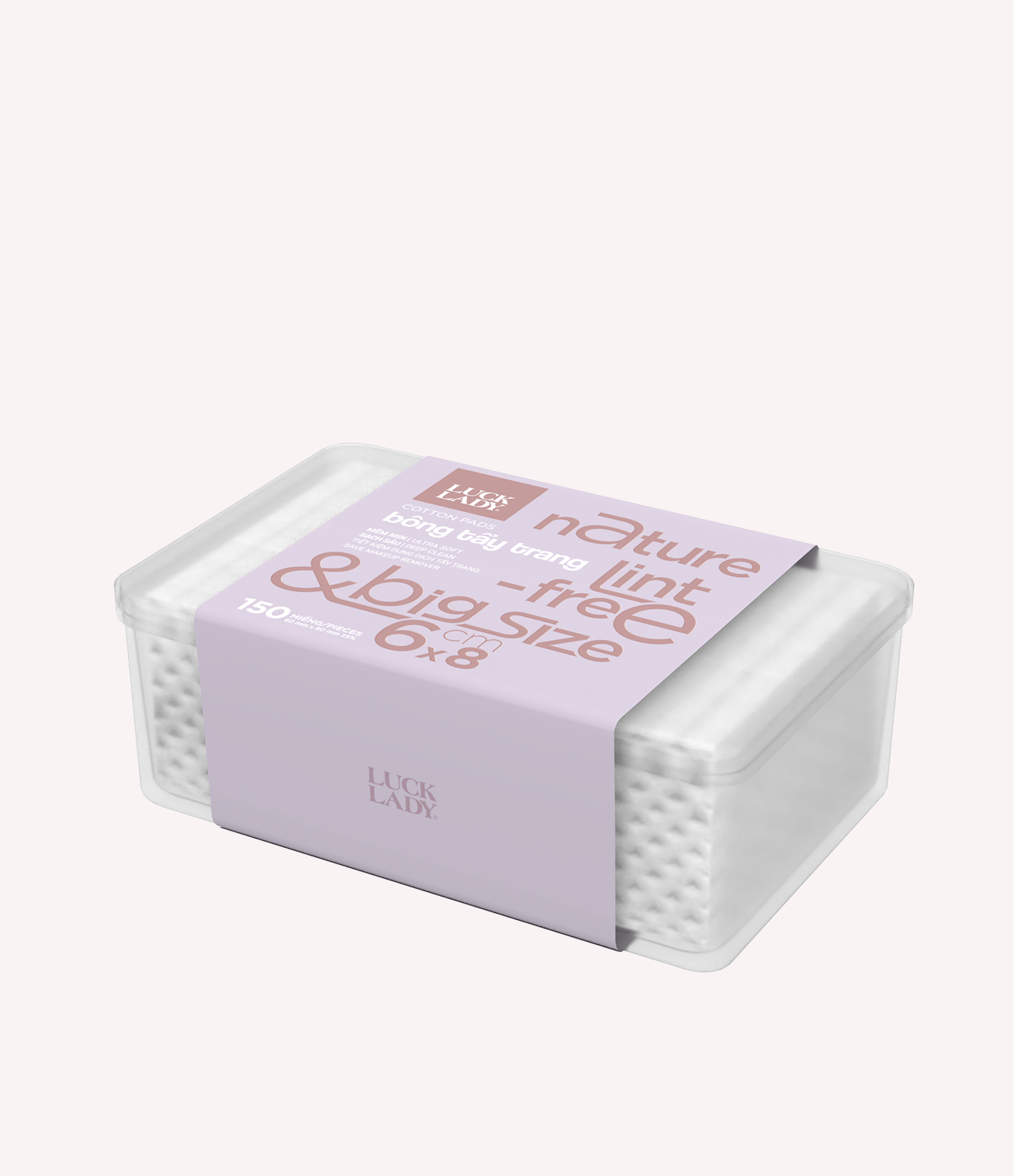 Bông tẩy trang vuông Luck Lady hộp nhựa, 150 miếng 6x8cm