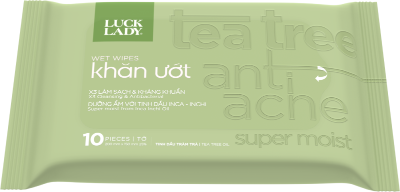 Khăn ướt vệ sinh Luck Lady 10 tờ, Tea Tree, tinh dầu tràm trà